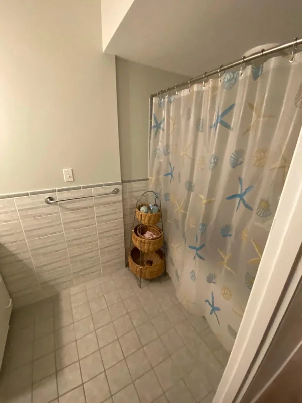 Bathroom with freshly painted walls and shower curtain