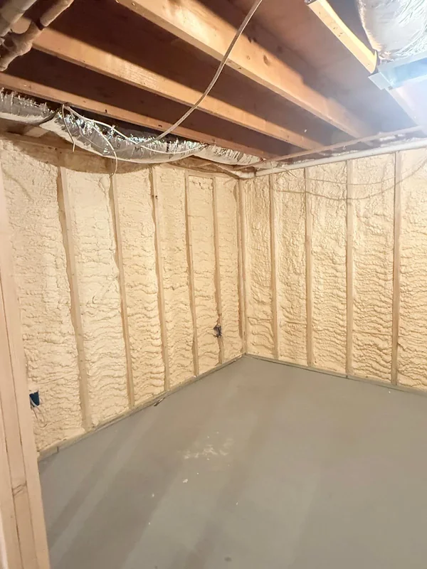 Basement wall with spray foam insulation and open ceiling joists